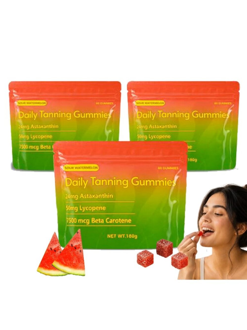 Tanning Gummies 60 Sour Watermelon Flavor with Astaxanthin, Streak Free Bronze